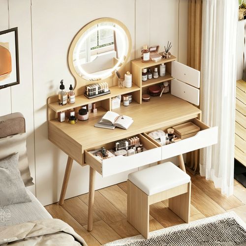 Coiffeuse Avec Miroir LED, 2 Tiroirs, 2 Portes, Tabouret, 80x40x137cm, En Mdf, Couleur Bois