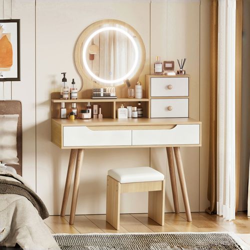 Coiffeuse Avec Miroir LED, 2 Tiroirs, 2 Portes, Tabouret, 80x40x137cm, En Mdf, Couleur Bois