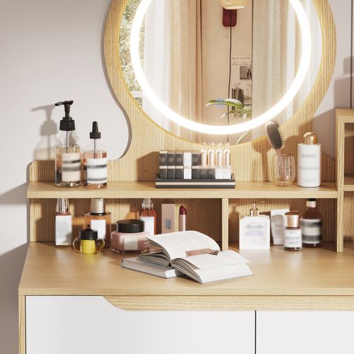 Coiffeuse Avec Miroir LED, 2 Tiroirs, 2 Portes, Tabouret, 80x40x137cm, En Mdf, Couleur Bois