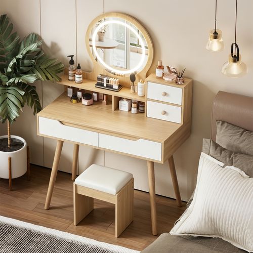 Coiffeuse Avec Miroir LED, 2 Tiroirs, 2 Portes, Tabouret, 80x40x137cm, En Mdf, Couleur Bois
