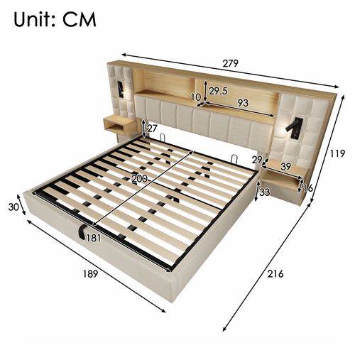 Lit Coffre Adulte 180x200cm Avec 2 Lampes De Lecture, Tables De Chevet, Ports USB, En Lin, Beige