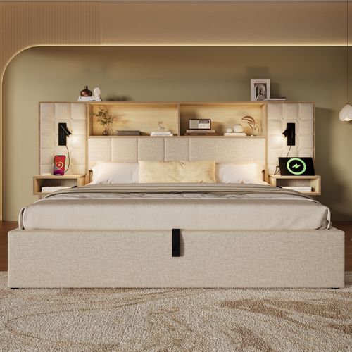 Lit Coffre Adulte 180x200cm Avec 2 Lampes De Lecture, Tables De Chevet, Ports USB, En Lin, Beige