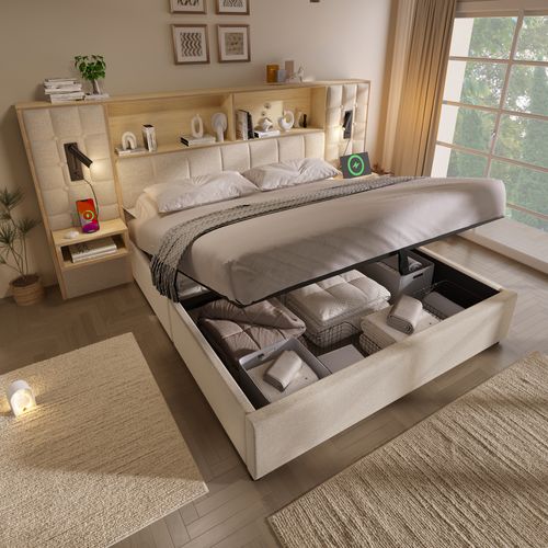 Lit Coffre Adulte 180x200cm Avec 2 Lampes De Lecture, Tables De Chevet, Ports USB, En Lin, Beige