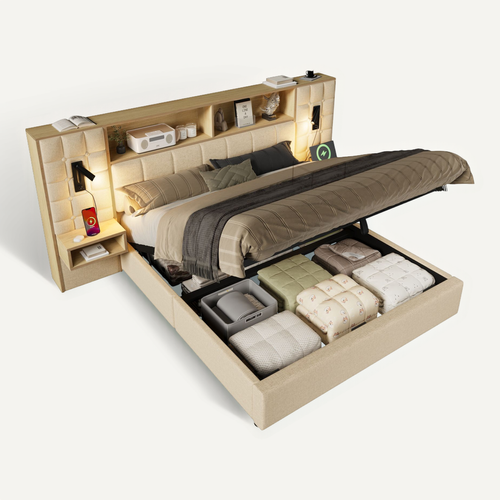 Lit Coffre Adulte 180x200cm Avec 2 Lampes De Lecture, Tables De Chevet, Ports USB, En Lin, Beige