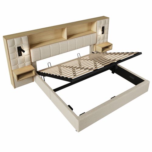 Lit Coffre Adulte 180x200cm Avec 2 Lampes De Lecture, Tables De Chevet, Ports USB, En Lin, Beige