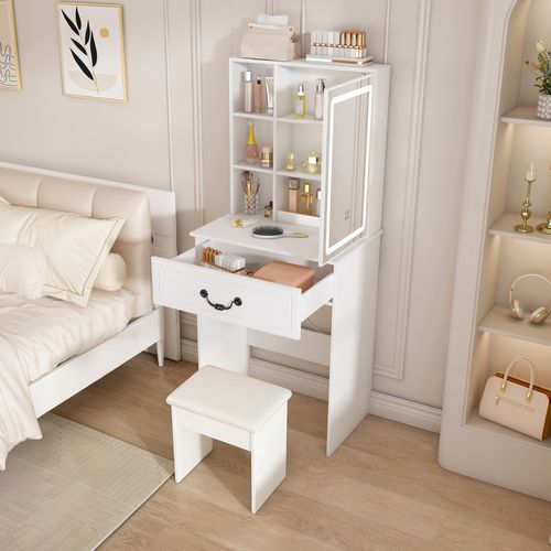 Coiffeuse Minimaliste Avec Miroir LED, Rangement Caché, Tabouret, 60x36x131.5cm, En Mdf, Blanc
