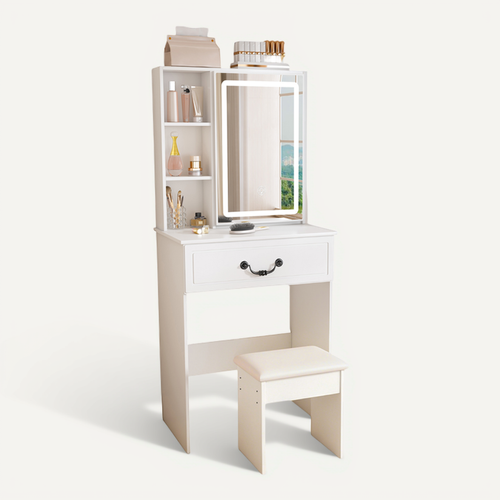 Coiffeuse Minimaliste Avec Miroir LED, Rangement Caché, Tabouret, 60x36x131.5cm, En Mdf, Blanc