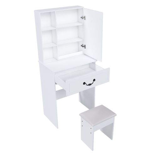 Coiffeuse Minimaliste Avec Miroir LED, Rangement Caché, Tabouret, 60x36x131.5cm, En Mdf, Blanc