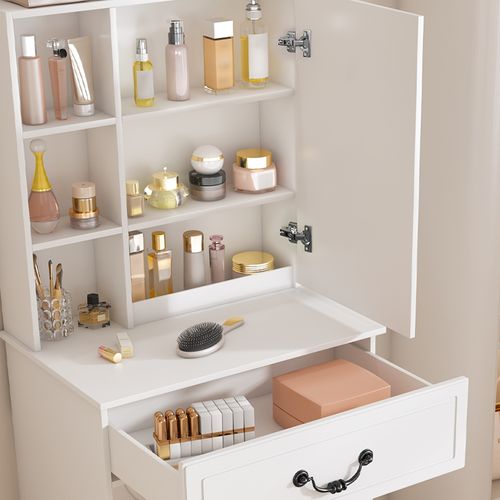 Coiffeuse Minimaliste Avec Miroir LED, Rangement Caché, Tabouret, 60x36x131.5cm, En Mdf, Blanc