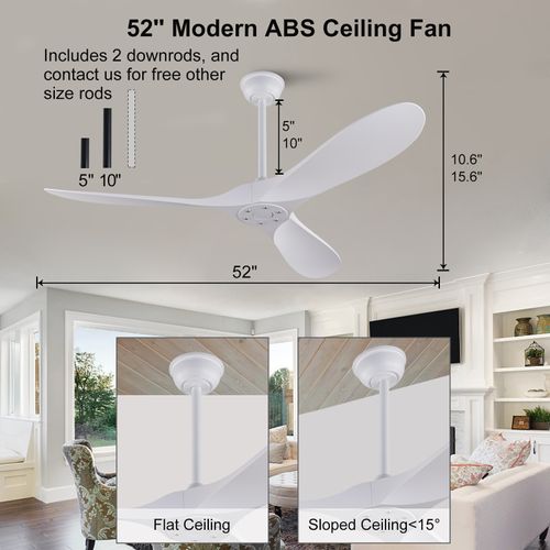 Ventilateur De Plafond 52 Pouces 3 Pales Abs, Moteur Dc Réversible, Télécommande 6 Vitesses, Blanc