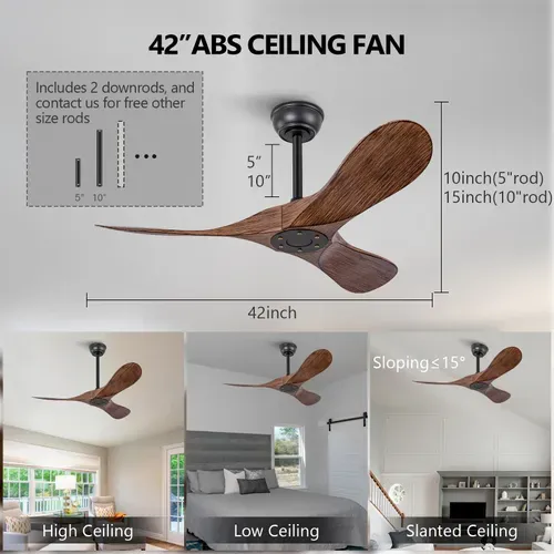 Ventilateur De Plafond 42 Pouces 3 Pales Abs, Moteur Dc Réversible, Télécommande 6 Vitesses, Noyer