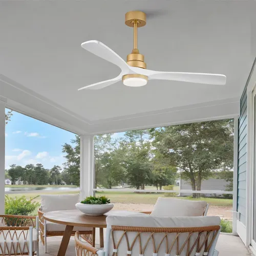 Ventilateur De Plafond Lumineux 52 Pouces, Pales Bois Massif, Moteur Dc Réversible, Blanc + Doré