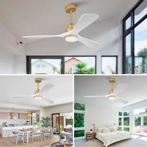 Ventilateur De Plafond Lumineux 52 Pouces, Pales Bois Massif, Moteur Dc Réversible, Blanc + Doré