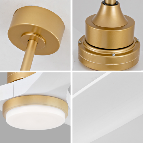 Ventilateur De Plafond Lumineux 52 Pouces, Pales Bois Massif, Moteur Dc Réversible, Blanc + Doré