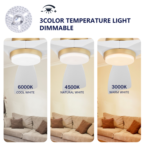 Ventilateur De Plafond Lumineux 52 Pouces, Pales Bois Massif, Moteur Dc Réversible, Blanc + Doré