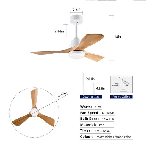 Ventilateur De Plafond Lumineux 42 Pouces, Pales Bois Massif, Moteur Dc Réversible, 6 Vitesses,bois