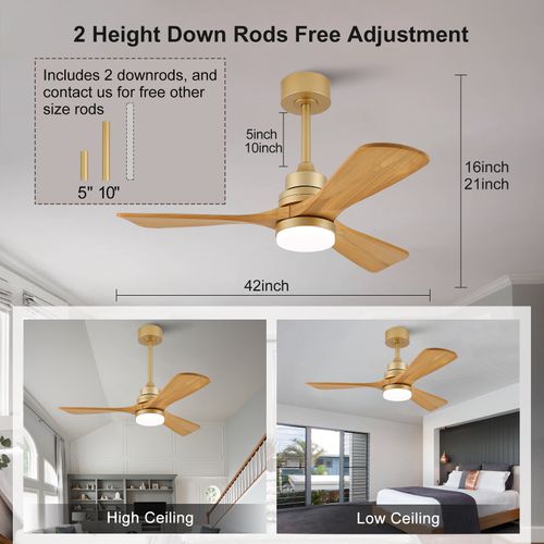 Ventilateur De Plafond Lumineux 42 Pouces, Pales Bois Massif, Moteur Dc Réversible,6 Vitesses,chêne