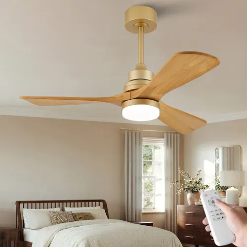 Ventilateur De Plafond Lumineux 42 Pouces, Pales Bois Massif, Moteur Dc Réversible,6 Vitesses,chêne