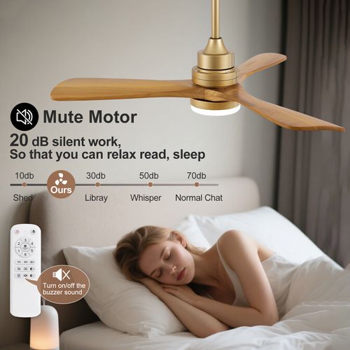 Ventilateur De Plafond Lumineux 42 Pouces, Pales Bois Massif, Moteur Dc Réversible,6 Vitesses,chêne