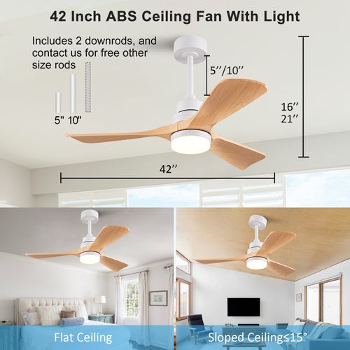 Ventilateur De Plafond Lumineux 42 Pouces, 3 Pales Abs, Moteur Dc Réversible, Télécommande, Bois