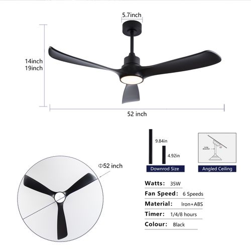 Ventilateur De Plafond Lumineux 52 Pouces, 3 Pales Abs, Moteur Dc Réversible 6 Vitesses, Noir