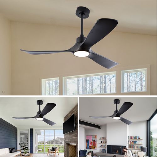 Ventilateur De Plafond Lumineux 52 Pouces, 3 Pales Abs, Moteur Dc Réversible 6 Vitesses, Noir