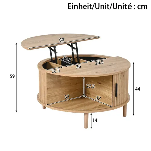 Table Basse Ronde 80x80x59cm Hauteur Réglable Avec Rangements, Porte Coulissante, En Mdf, Chêne