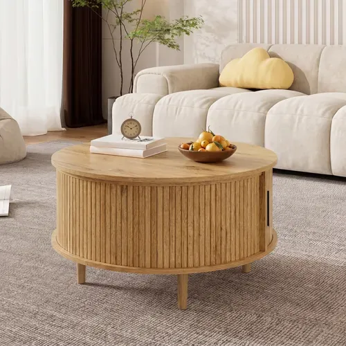 Table Basse Ronde 80x80x59cm Hauteur Réglable Avec Rangements, Porte Coulissante, En Mdf, Chêne
