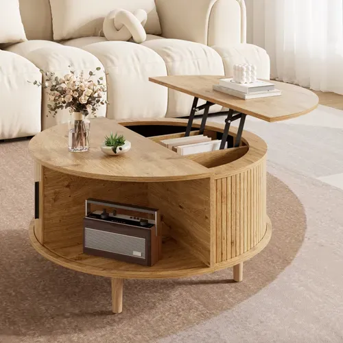 Table Basse Ronde 80x80x59cm Hauteur Réglable Avec Rangements, Porte Coulissante, En Mdf, Chêne