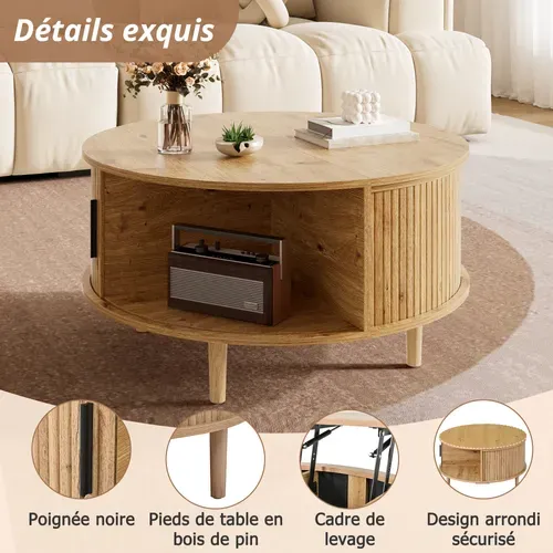 Table Basse Ronde 80x80x59cm Hauteur Réglable Avec Rangements, Porte Coulissante, En Mdf, Chêne