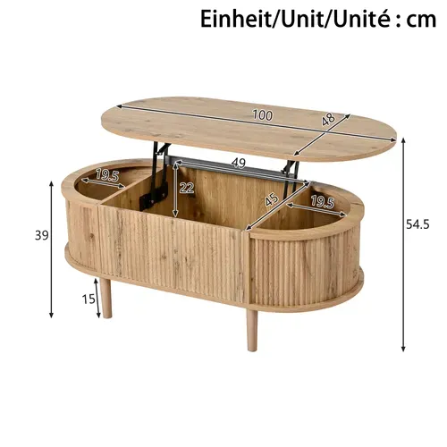 Table Basse Ovale 100x48x54.5cm Hauteur Réglable Avec Espace De Rangement Divisé, En Mdf, Chêne