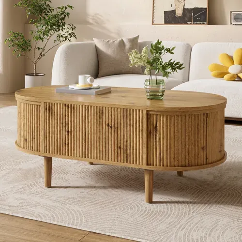 Table Basse Ovale 100x48x54.5cm Hauteur Réglable Avec Espace De Rangement Divisé, En Mdf, Chêne