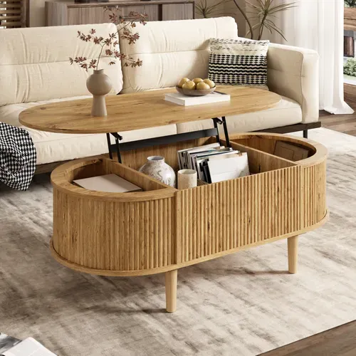 Table Basse Ovale 100x48x54.5cm Hauteur Réglable Avec Espace De Rangement Divisé, En Mdf, Chêne