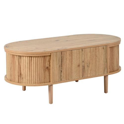 Table Basse Ovale 100x48x54.5cm Hauteur Réglable Avec Espace De Rangement Divisé, En Mdf, Chêne