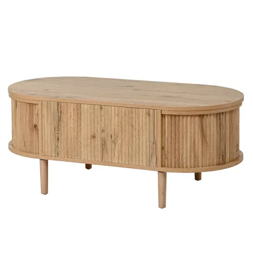 Table Basse Ovale 100x48x54.5cm Hauteur Réglable Avec Espace De Rangement Divisé, En Mdf, Chêne