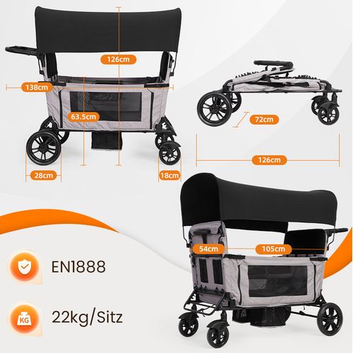 Poussette Pliable 4 Places, Convertible En Grand Lit, Auvent Et Plateau, Roues Pu, Gris Clair
