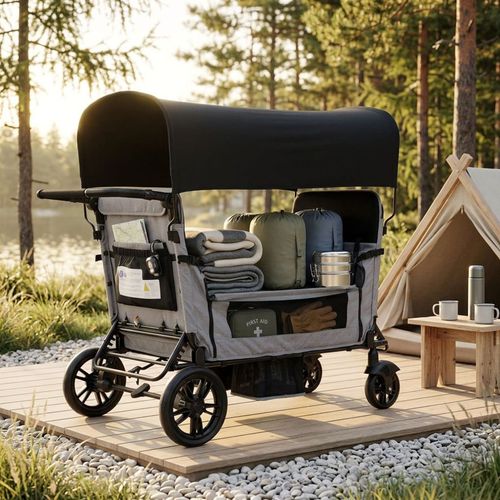 Poussette Pliable 4 Places, Convertible En Grand Lit, Auvent Et Plateau, Roues Pu, Gris Clair