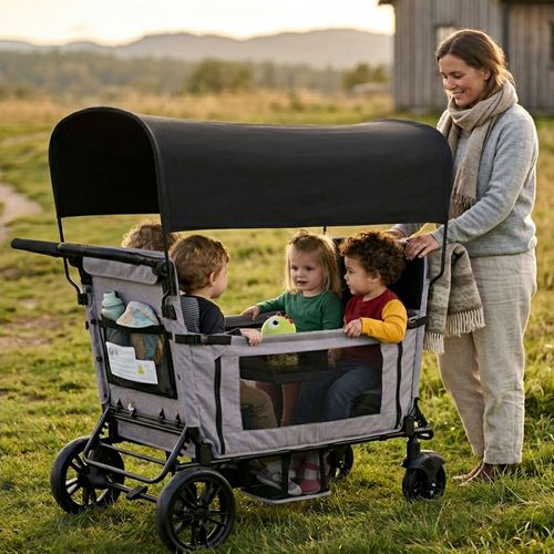 Poussette Pliable 4 Places, Convertible En Grand Lit, Auvent Et Plateau, Roues Pu, Gris Clair