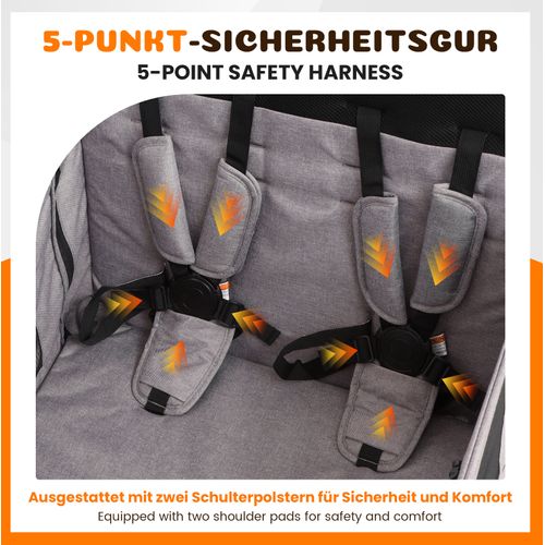 Poussette Pliable 4 Places, Convertible En Grand Lit, Auvent Et Plateau, Roues Pu, Gris Clair