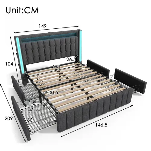 Ensemble Lit 140x200 Et Matelas Mousse, Tête De Lit Avec Chargement USB+type-c, 4 Tiroirs, Lin,gris
