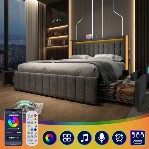 Ensemble Lit 140x200 Et Matelas Mousse, Tête De Lit Avec Chargement USB+type-c, 4 Tiroirs, Lin,gris
