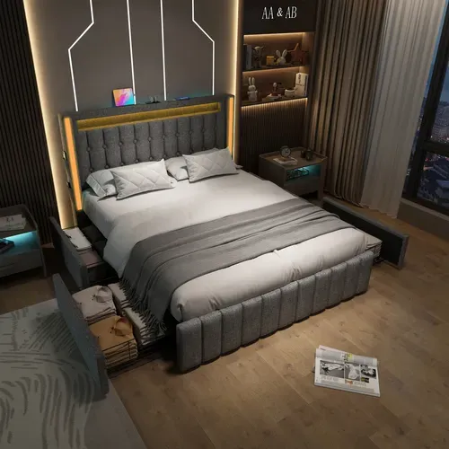 Ensemble Lit 140x200 Et Matelas Mousse, Tête De Lit Avec Chargement USB+type-c, 4 Tiroirs, Lin,gris
