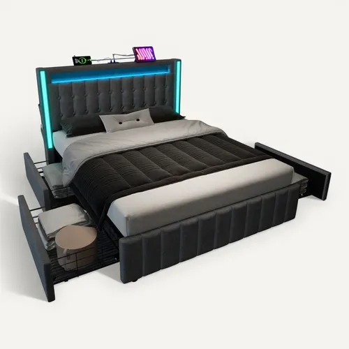 Ensemble Lit 140x200 Et Matelas Mousse, Tête De Lit Avec Chargement USB+type-c, 4 Tiroirs, Lin,gris