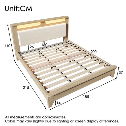 Ensemble Lit 180x200 Et Matelas Mousse, Tête De Lit Avec Rangement, LED, Sommier à Lattes, Chêne