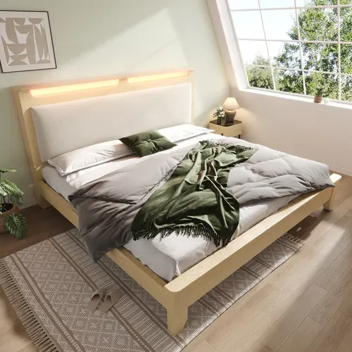 Ensemble Lit 180x200 Et Matelas Mousse, Tête De Lit Avec Rangement, LED, Sommier à Lattes, Chêne
