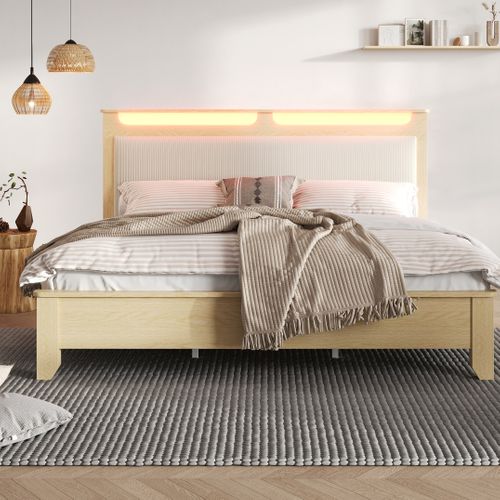 Ensemble Lit 180x200 Et Matelas Mousse, Tête De Lit Avec Rangement, LED, Sommier à Lattes, Chêne