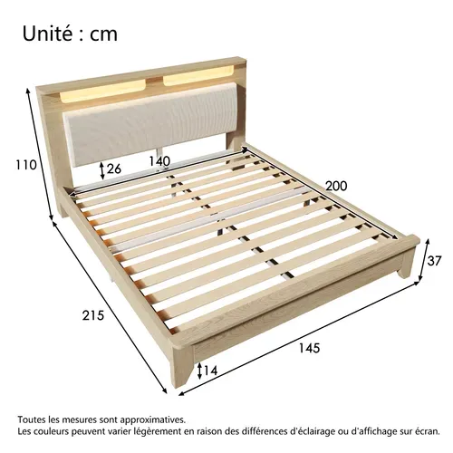 Ensemble Lit 140x200 Et Matelas Mousse, Tête De Lit Avec Rangement, LED, Sommier à Lattes, Chêne