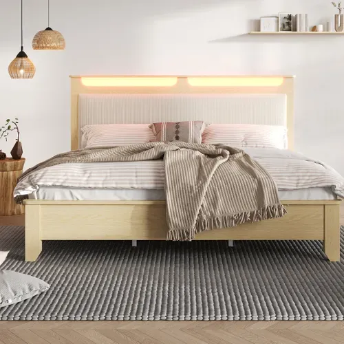 Ensemble Lit 140x200 Et Matelas Mousse, Tête De Lit Avec Rangement, LED, Sommier à Lattes, Chêne
