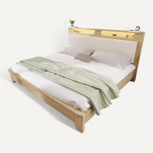Ensemble Lit 140x200 Et Matelas Mousse, Tête De Lit Avec Rangement, LED, Sommier à Lattes, Chêne