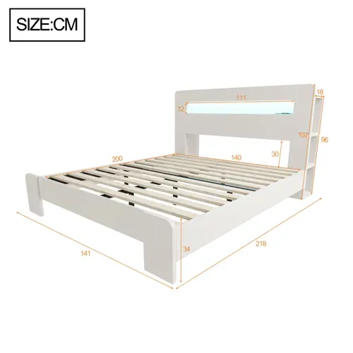 Ensemble Lit 140x200cm Et Matelas Mousse, Avec Rangement, LED Et Prises Intégrées, En Bois, Blanc